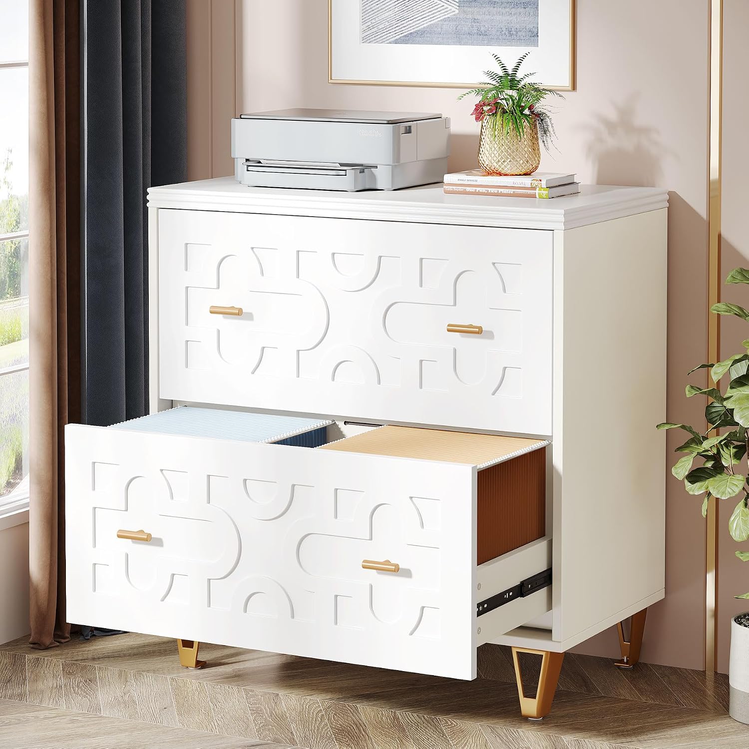 Printer Stand - خزانة ملفات جانبية ذات درجين، باللون